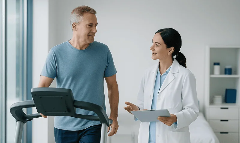 Doctor and patient discussing health in a modern clinic.
