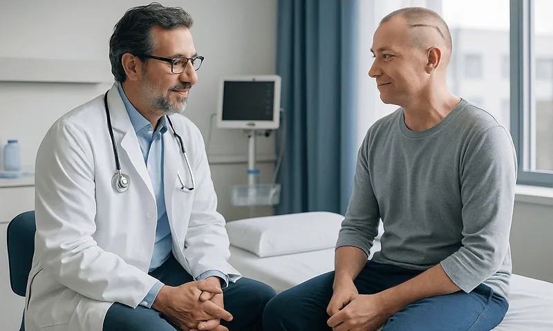 Doctor consulting with a patient in a hospital room.