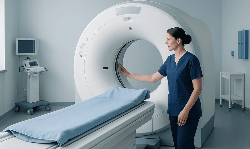 Technician prepares a patient for a 3D mammogram scan in a modern hospital.