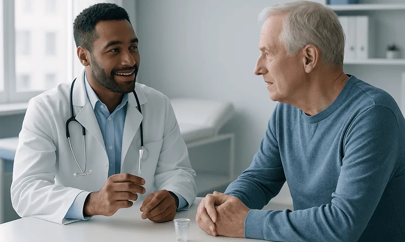 Doctor consulting with elderly patient in a medical office.