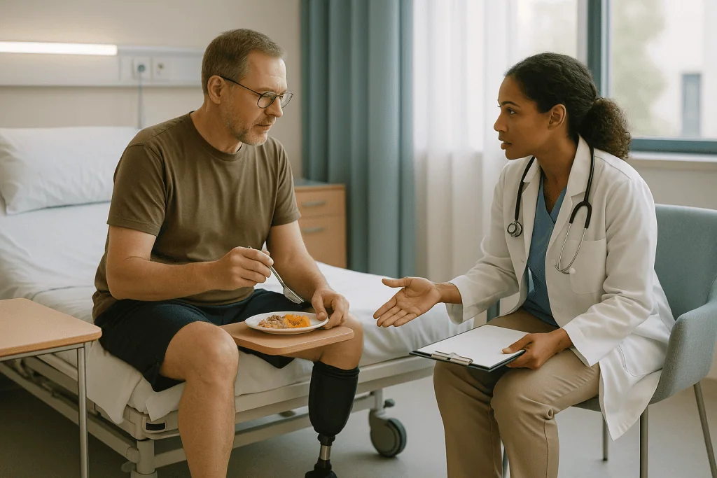 Doctor consulting with male patient wearing prosthetic leg: A typical prosthetic leg wearing schedule for the first weeks