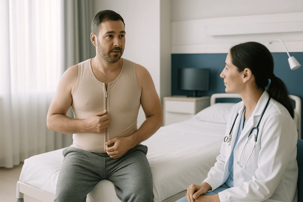 Male patient consulting with female doctor in hospital room: A typical timeline for gynaecomastia surgery abroad, how long t