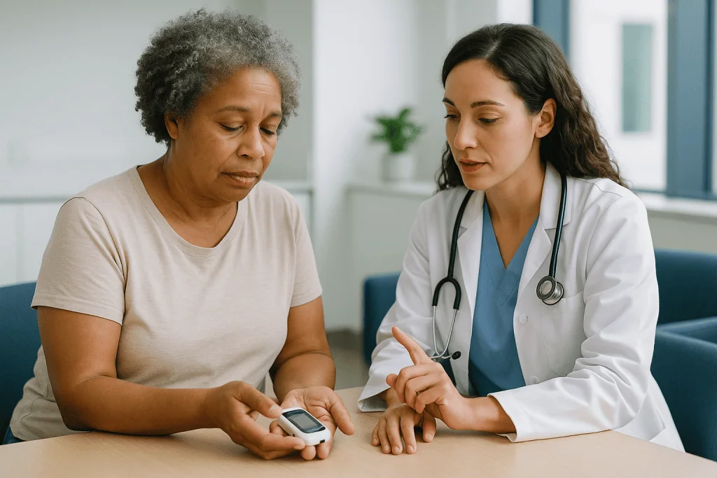 Doctor consulting patient with blood glucose meter — A1C: The Three-Month Average That Tells a Longer Story