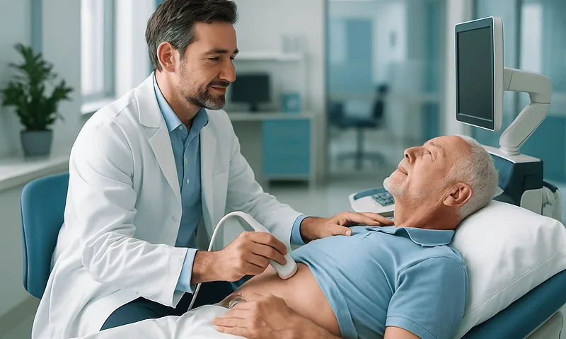 Doctor performing abdominal ultrasound on elderly patient in hospital.