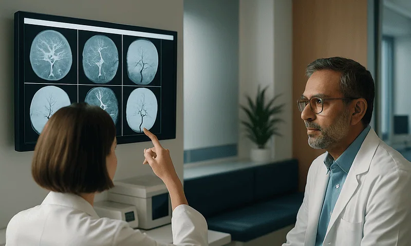 Doctor explaining brain scan images to a patient in a hospital setting.