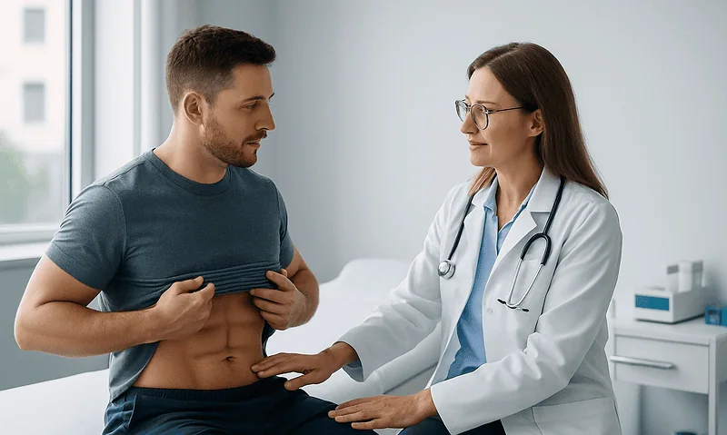 Doctor examining male patient's abdomen in a clinical setting.