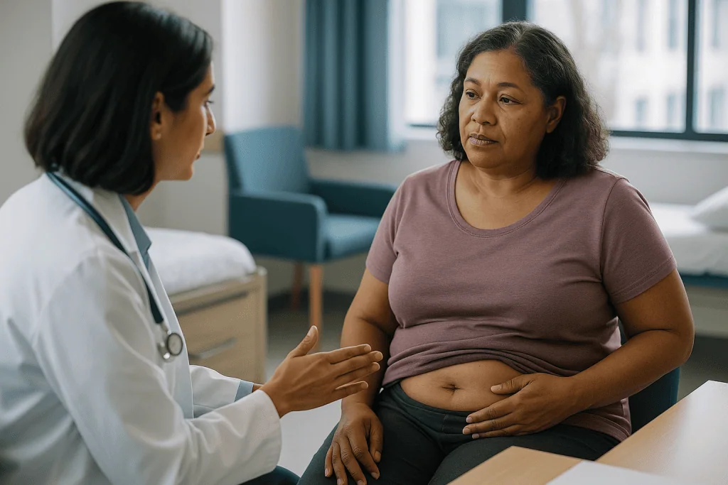 Doctor consulting with adult female patient about abdominal health: Abdominal, vaginal or keyhole: how the surgical route ch