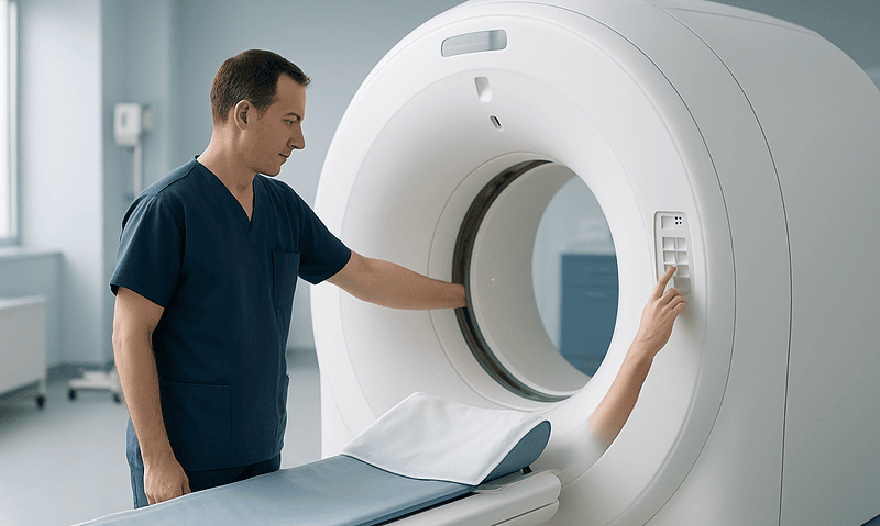 Medical professional operating a CT scanner in a hospital setting.