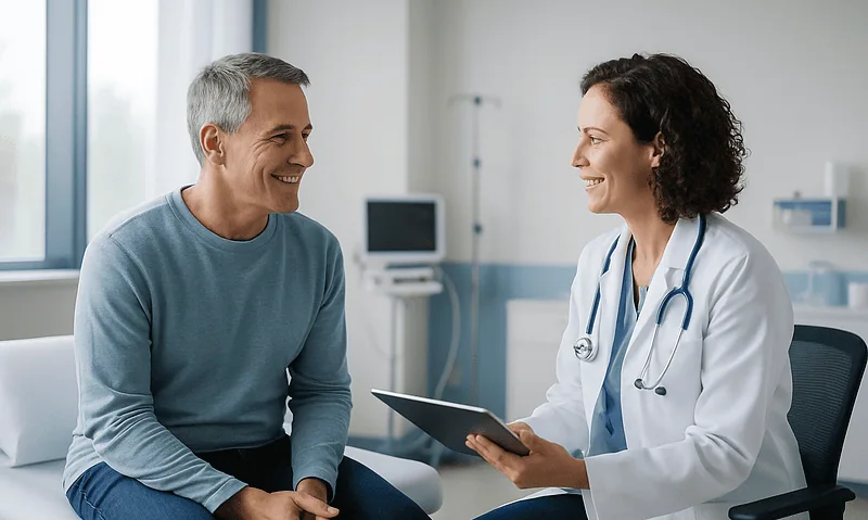 Doctor consulting with a male patient in a hospital room.