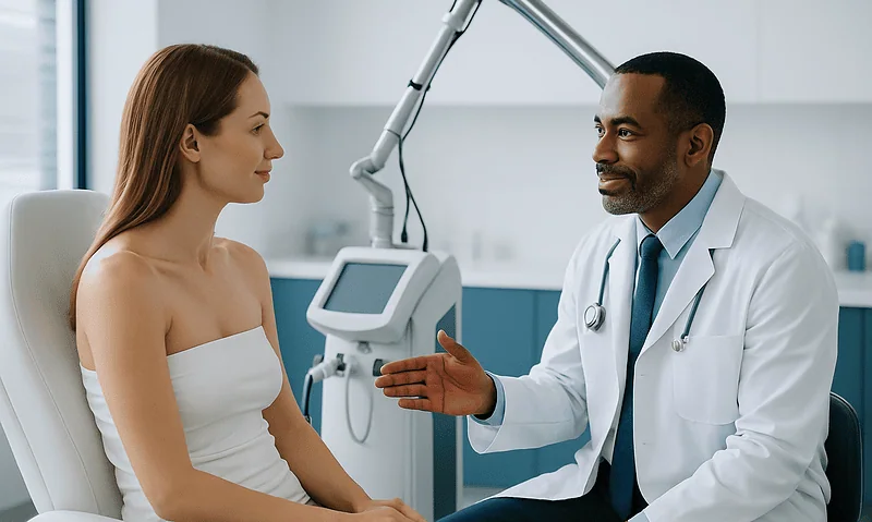 Doctor consulting with a patient in a modern medical clinic.