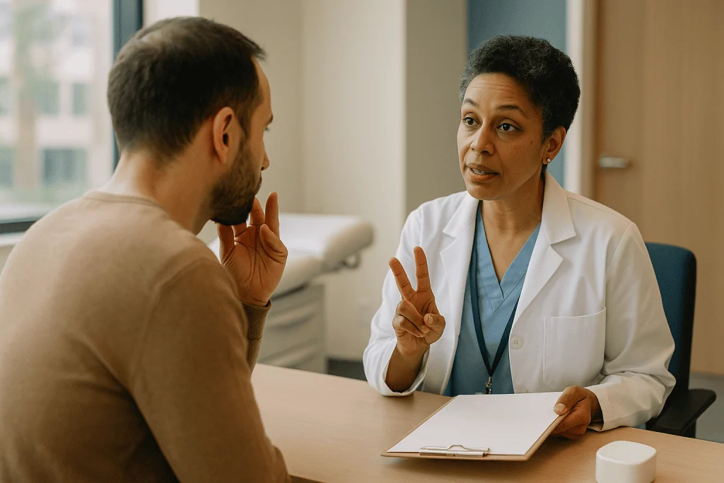 Doctor consulting with male patient in office setting: Abstinence before semen analysis: why the window is two to seven days