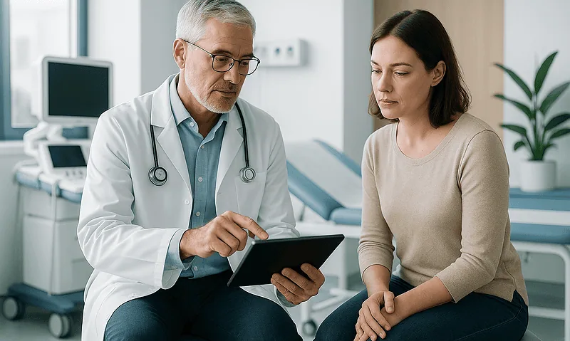 Doctor consulting with a patient in a medical office setting.