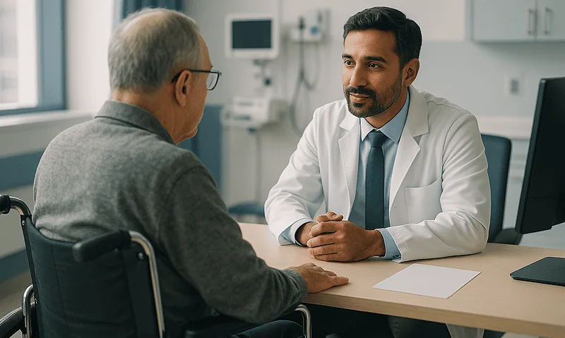 Doctor consulting with elderly patient in a medical office setting.