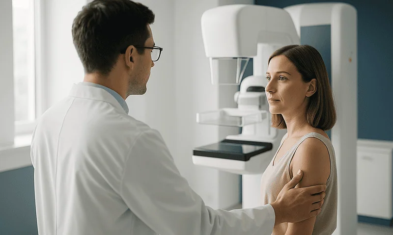 Doctor examining a woman for accessory breast in a medical clinic.