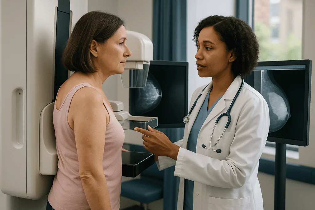 Doctor consulting patient at mammography machine: Accessory breast tissue mammogram: when is one added, and what does it sho