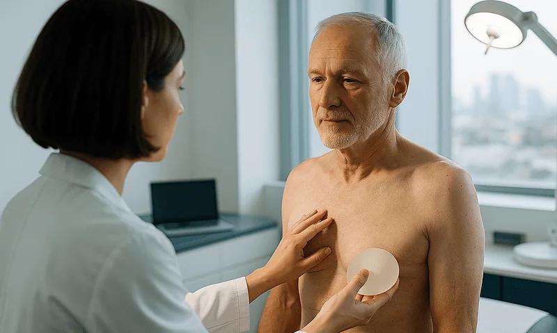 Doctor discussing accessory breast treatment with an elderly male patient.
