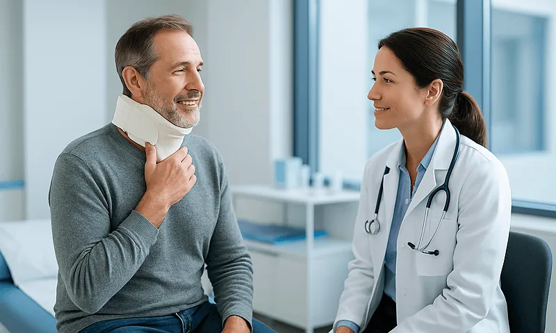 Patient with neck collar consulting with doctor in hospital.