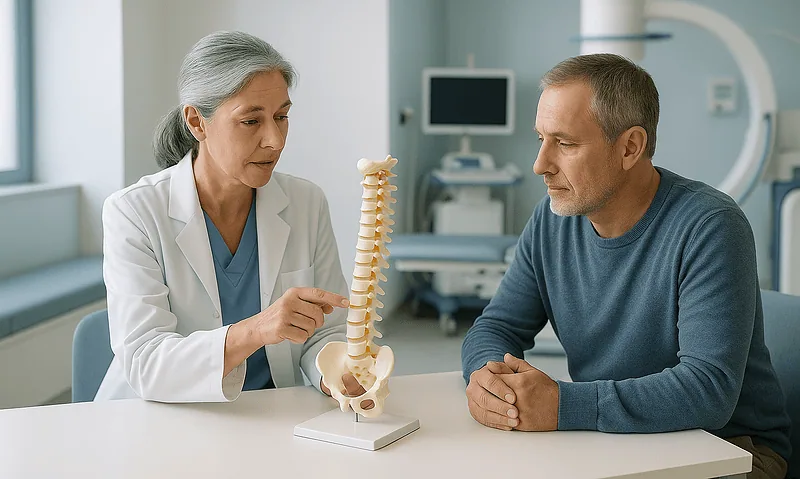 Doctor explaining cervical spine model to patient in medical consultation room.