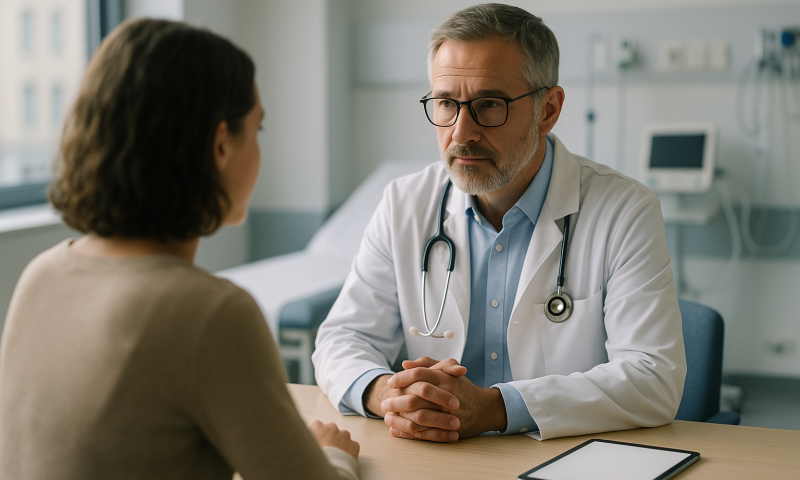 Doctor consulting with patient in hospital room for ACDF surgery recovery.