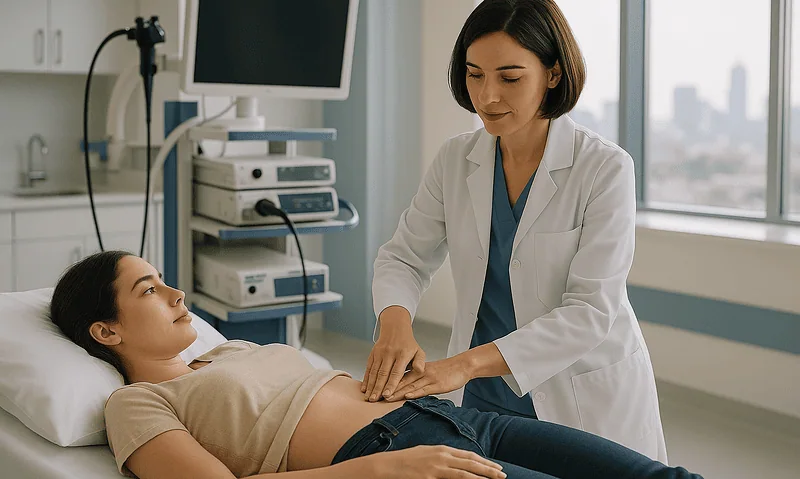 Doctor examining a patient in a hospital room with medical equipment.