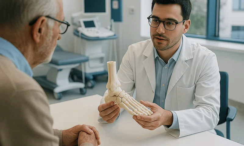 Doctor explaining ankle anatomy to patient in a medical consultation.
