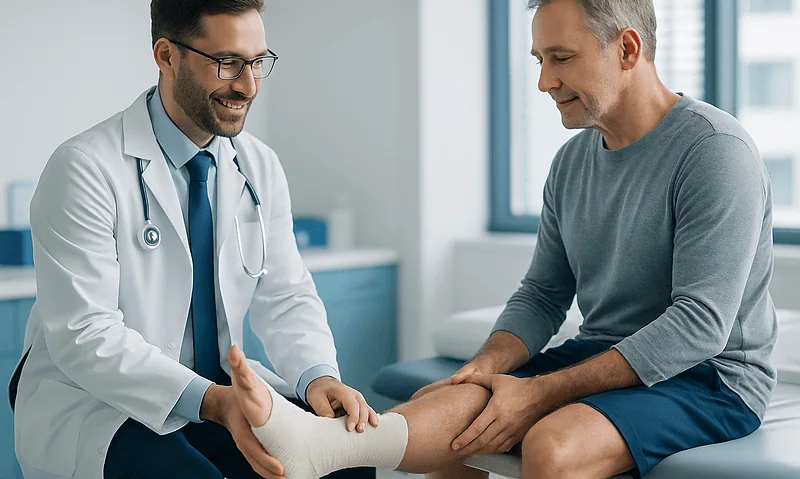 Achilles Tendon Repair: Surgery, Recovery and the Return to Sport 5 Doctor examining patient's ankle in a medical consultation room.