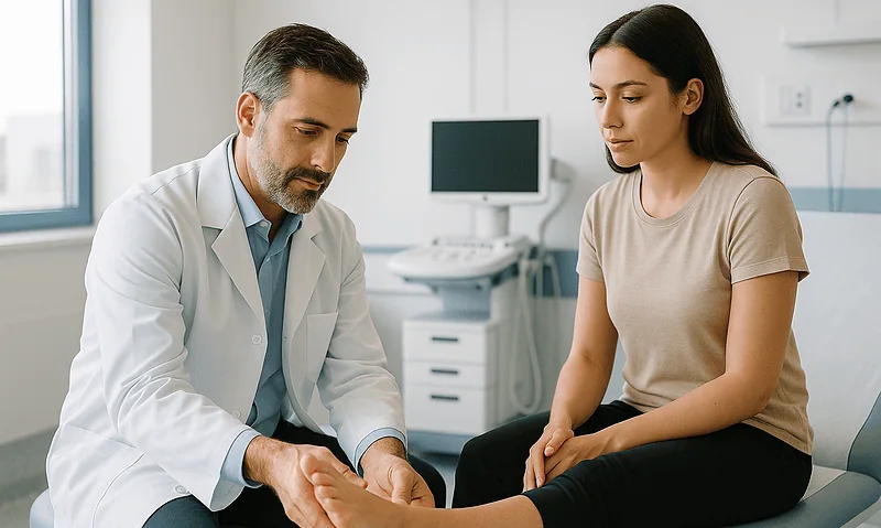 Doctor examining patient's ankle in a medical consultation room.