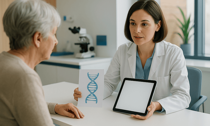 Doctor discussing genetic information with an elderly patient in a medical office.