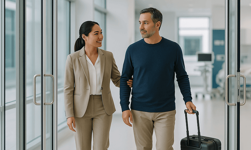 Patient and companion walking through hospital corridor with luggage.