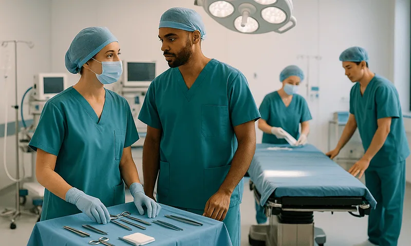 Medical team preparing surgical instruments in an operating room.