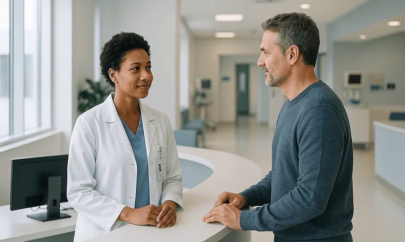 Doctor and patient having a conversation at hospital reception desk.