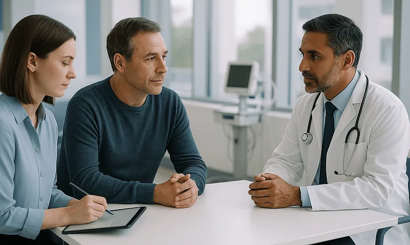Doctor consulting with a patient and companion in a hospital setting.