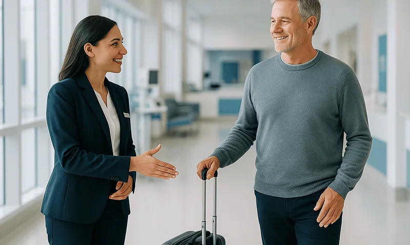Smiling patient with luggage at Acibadem International Hospital reception.