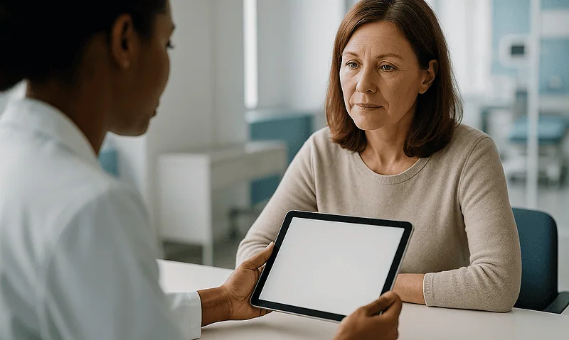 Doctor consulting with a patient using a tablet at Acibadem Hospital.
