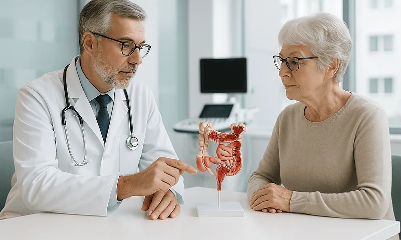 Doctor explaining digestive system to elderly woman in clinic.