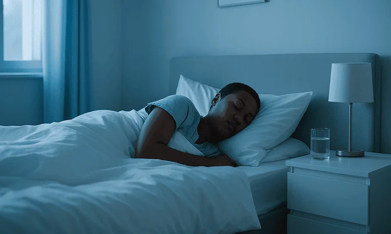 Young woman sleeping peacefully in a modern bedroom with blue walls.
