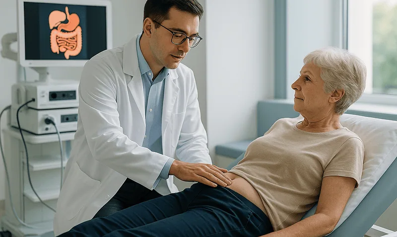 Doctor examining elderly woman in hospital room with stomach scan on monitor.