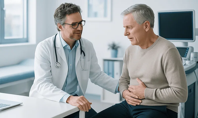 Doctor consulting with a patient about acid disorders in a modern clinic.