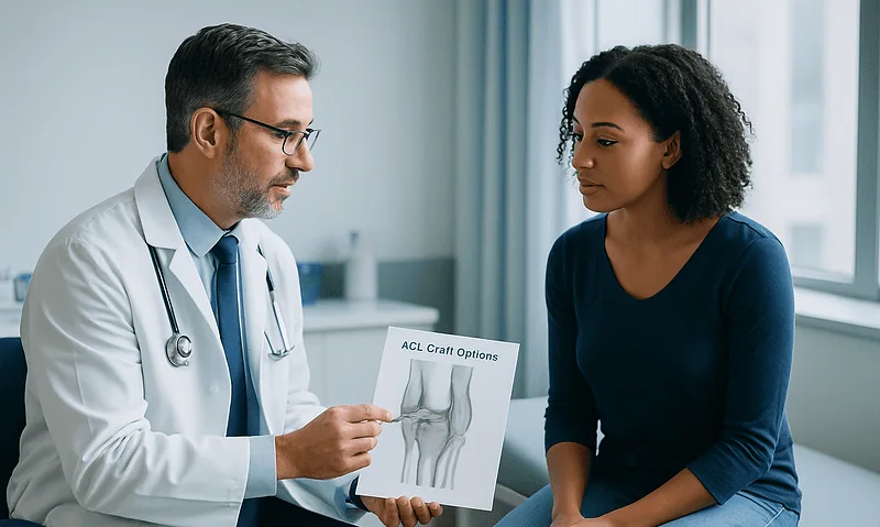 Orthopedic doctor explaining ACL graft options to a patient in consultation room.