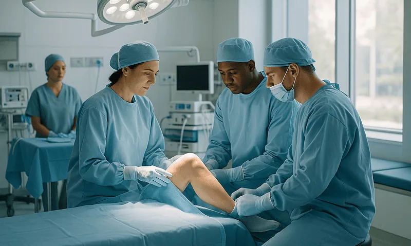 Surgeons performing ACL reconstruction surgery in an operating room.