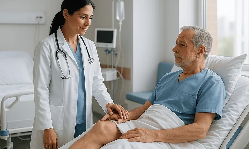 Doctor consulting with senior patient in hospital room.