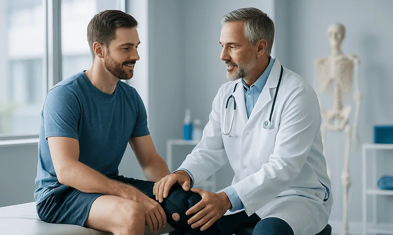Doctor examining a patient's knee in a medical clinic setting.