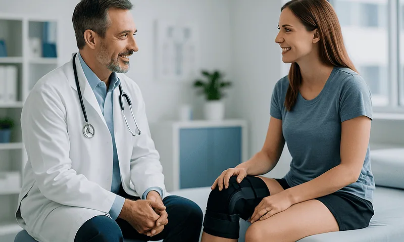 ACL Surgery Recovery Time: The Honest 9-12 Month Timeline 6 Doctor consulting with young woman patient with knee injury in clinic.