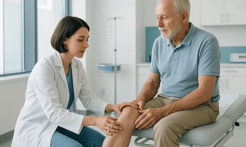 Doctor examining elderly man's knee in a medical clinic setting.