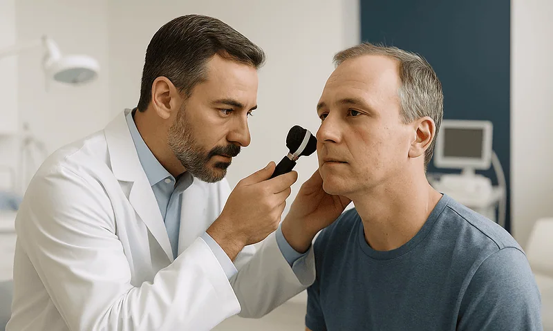 Dermatologist examining patient's skin with a magnifying tool in a clinic.