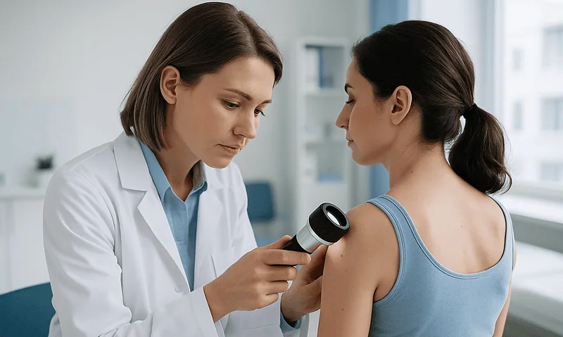 Dermatologist examines pregnant woman's shoulder with a dermatoscope.