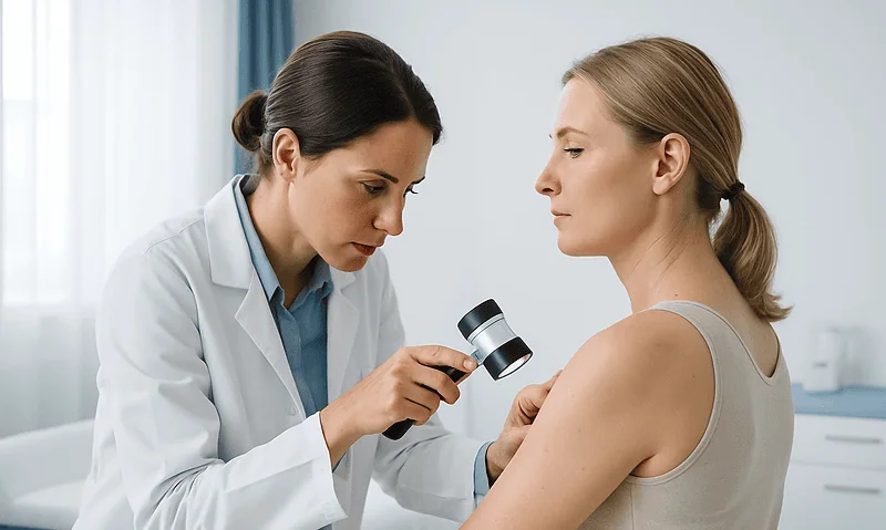 Dermatologist examining patient's skin with a magnifying glass in clinic.