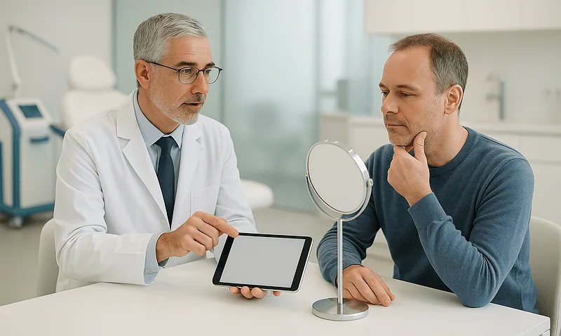 Dermatologist consulting with patient about acne scars treatment options.