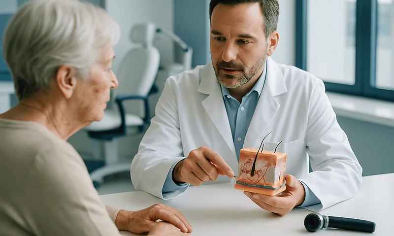 Dermatologist explaining skin layers to an elderly patient in a clinic setting.