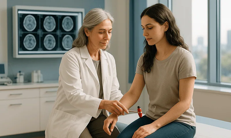Doctor examining a young woman with brain scan images in the background.
